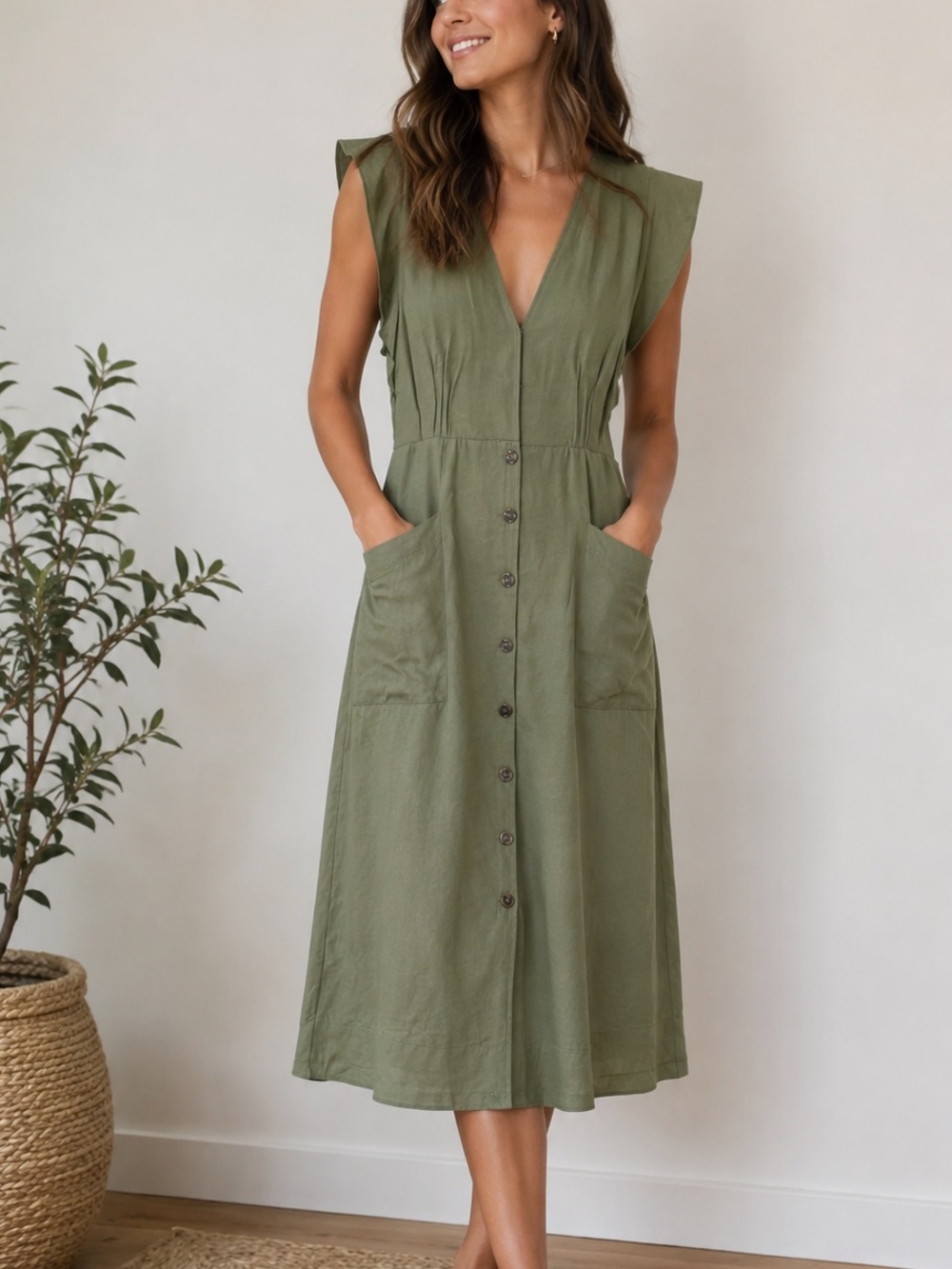 Reiss Emma Plunge Ruffle Shoulder Linen Blend Midi Dress Green US 10 NO BELT